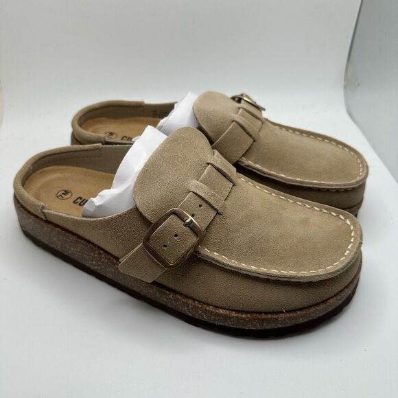 CUSHIONAIRE Women's Genuine Leather Cork Footbed Clog with +Comfort 7 SAND NEW - Picture 1 of 7